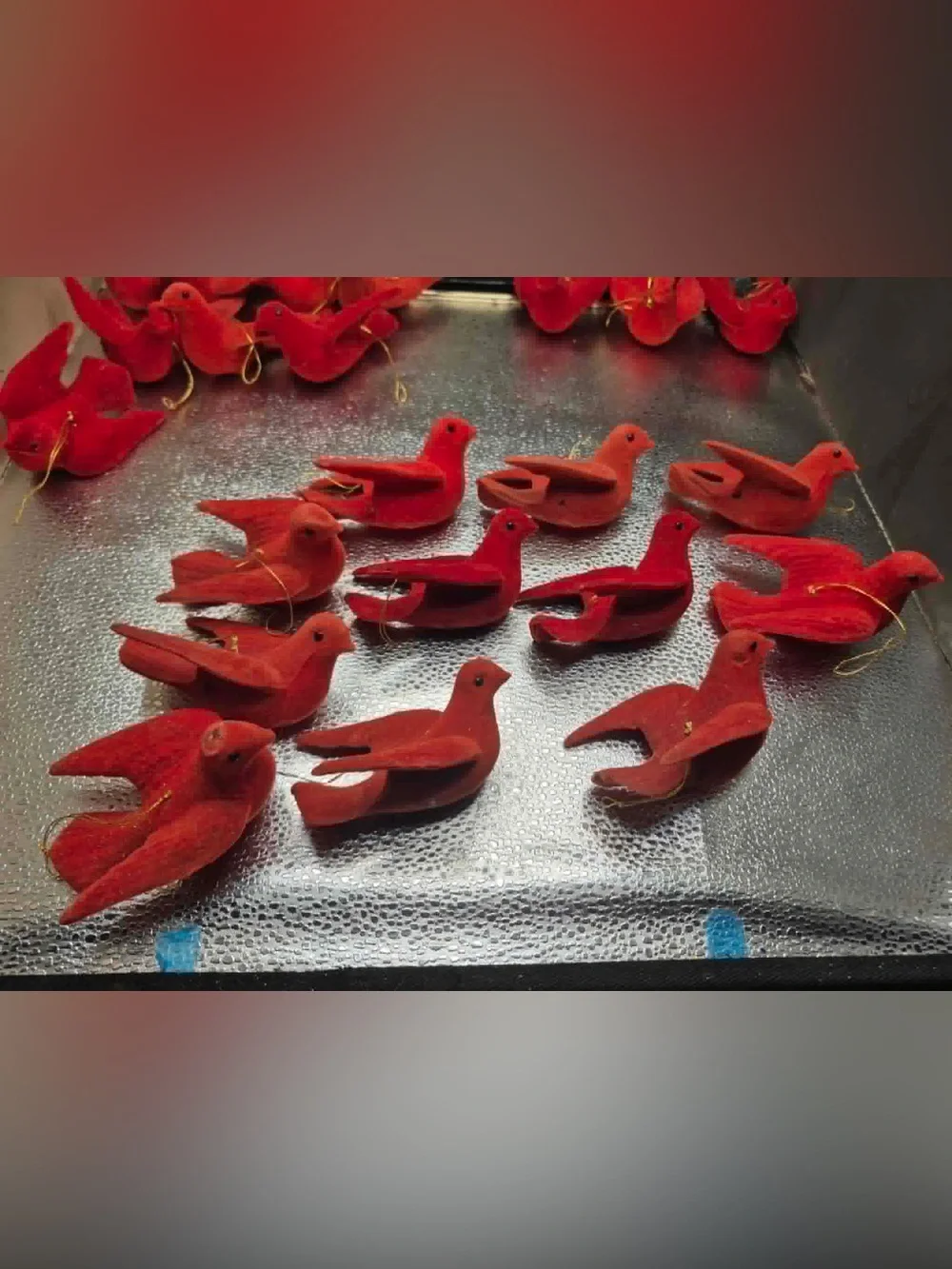 MCM Vintage Christmas Tree Ornaments Set 11 Flocked Red Felt Doves / Cardinals